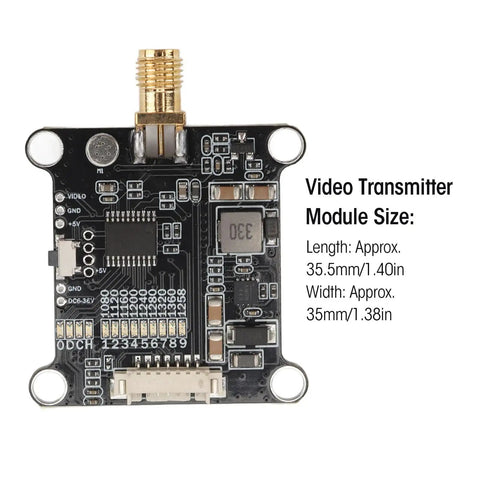 1.2G VTX Video Transmitter Module With 1.6W Output For Rock Solid FPV Drone Racing, shown with measurements and circuit details.