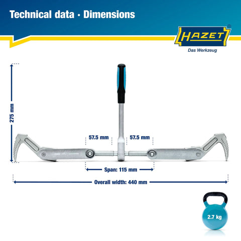 Hazet beam puller 1774-1 with two end clamps, central screw, metal body, 440 mm overall width.