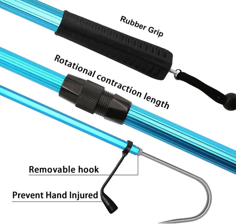 Close-up of Telescopic Gaff for Saltwater Fishing with stainless steel hook, blue aluminum alloy pole, and rubber handle grip.