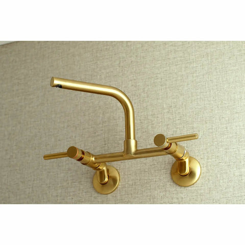 Concord 8 Inch Adjustable Center Wall Mount Kitchen Faucet in oil rubbed bronze with drip free ceramic disc cartridge, side view.