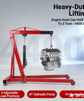 Heavy Duty Folding Hydraulic Engine Hoist Two Ton Portable Garage Cherry Picker with engine, red frame, adjustable load settings.