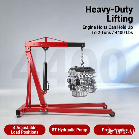 Heavy Duty Folding Hydraulic Engine Hoist Two Ton Portable Garage Cherry Picker with engine, red frame, adjustable load settings.