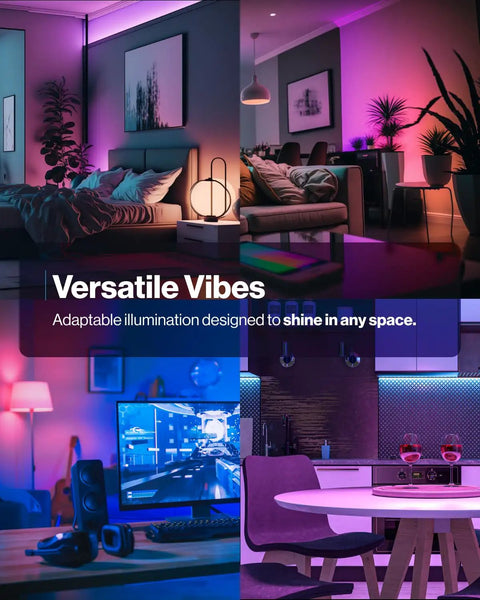 Living room, kitchen, and office lit with BR30 Smart Flood Light Bulbs Color Changing RGB And Tunable White RGBCW, E26 Base.