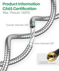 Stainless Steel Garden Hose 3 Ft Connector, Metal Hose Extension for Reels, showing dimensions and brass fittings.