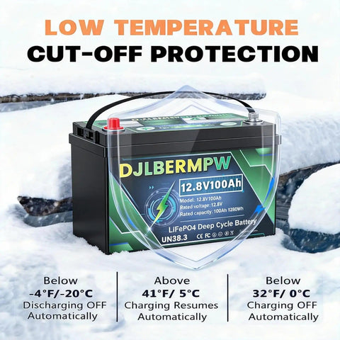 12V 100Ah LiFePO4 Battery With Built-In 100A BMS, 1280Wh Deep Cycle Marine Lithium Beefed-Up Power Pack in snowy setting
