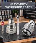 Adjustable Universal Socket Wrench For 38 Inch Drive Ratchet And Torque Adapter Three Piece Set on workbench with tools.