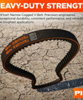 Cogged V Belt 3VX465 3/8 By 46.5 Inches Workhorse Heavy Duty Industrial Drive Belt For Compressors Pumps Blowers Generators Vacuum Systems And Heat Exchangers With Enhanced Heat Dissipation. Black EPDM cogged V-belt shown arched on cracked ground.