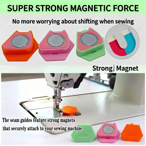 Magnetic Seam Guide Set for Sewing Machines Upgraded Polygonal Hemmer with Scale 3 Pack shown in orange, pink, green.
