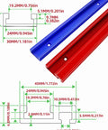 Hilitand T Track Hold Down Clamp dimensions showing blue and red metal tracks for adjustable clamps on workshop surfaces.