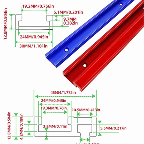 Heavy Duty Adjustable T Track Clamp With Micro Fine Tuning For Woodworking, detailed dimensions for red and blue tracks.