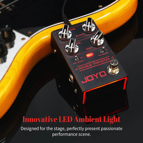 Bass Overdrive Pedal With Blend Dial For Clean Mix And Edge Mid And Gain Boost Switches Tone Volume And Gain Knobs True Bypass Built For Punchy Low End And Saturated Grit Double Thruster R28 on guitar