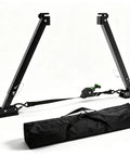 Bounce Killer RV I Beam Stabilizer Jack Cross Frame Ratchet Mount with adjustable legs and strap, in black with carrying bag.
