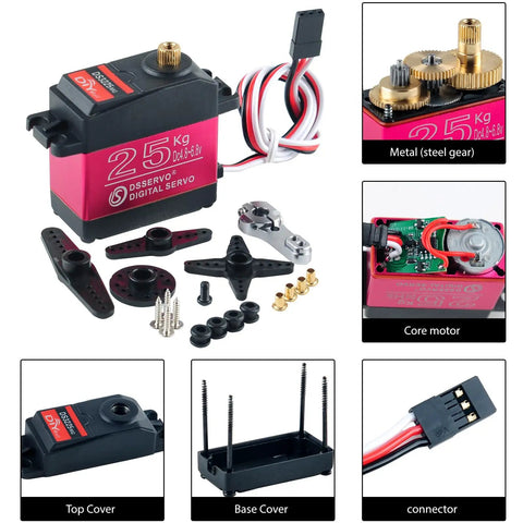 Dual Pack 270 Degree Beefy Torque Digital Servo For RC Cars And Boats Waterproof Full Metal Gear 25 Kg Cm Torque With 25T Servo Horn, disassembled view with metal gears and components.