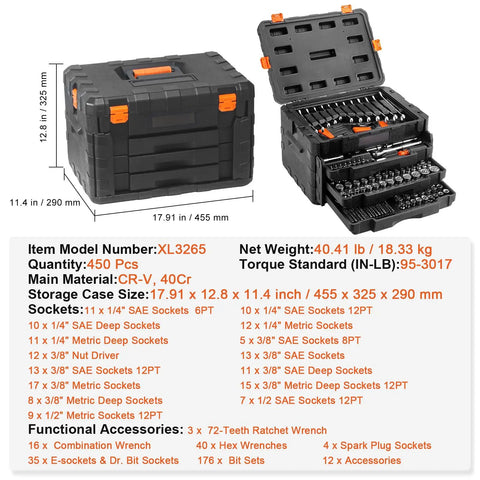 All In One Mechanic Tool Set With 1/4, 3/8, 1/2 Inch Drive Sockets, 450-Piece SAE And Metric Kit, durability details shown