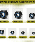 Black 304 Stainless Steel Lock Nuts Kit With Nylon Insert 180 Pcs Seven Metric Sizes M3 To M12 shown with piece count.