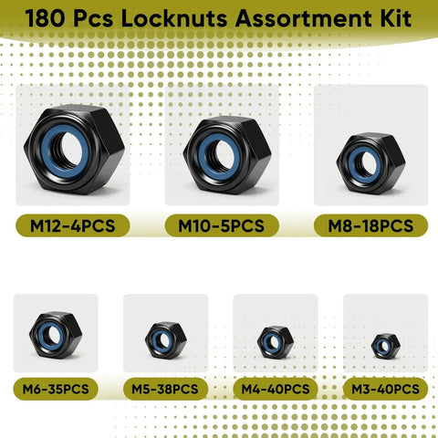 Black 304 Stainless Steel Lock Nuts Kit With Nylon Insert 180 Pcs Seven Metric Sizes M3 To M12 shown with piece count.