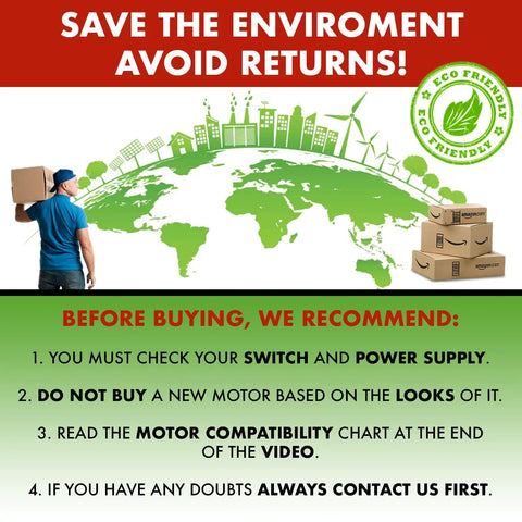 Eco-friendly poster advising checks before buying Heavy Duty Recliner Motor Replacement 450626 MD141-27-L1-157-333 Actuator.