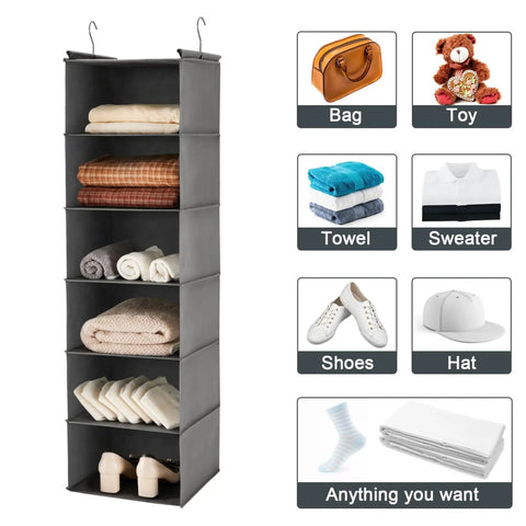 Heavy Duty Six Tier Hanging Closet Organizer With Two Rock Solid Hooks And Wide Grey Fabric Shelves Making It A Reliable Room Saver For Tight Bedroom And Dorm Storage