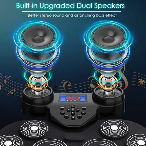 Nine Pad Electric Drum Set With 7 Color LED Lights Bluetooth MIDI Support Extra Thick Pads showcasing dual built-in speakers.