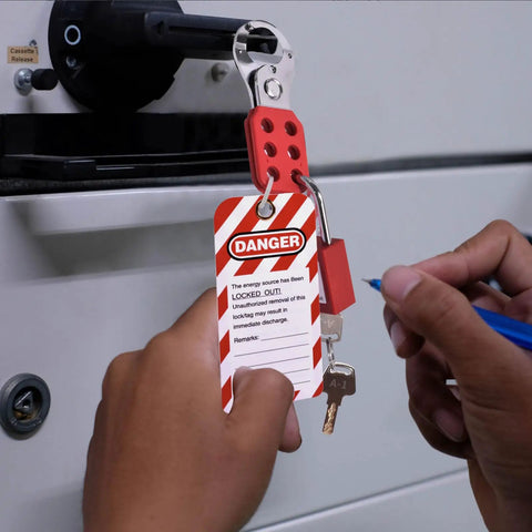 Lockout Tagout Kit For Electrical Safety With Group Lockout Hasps And Padlocks, secured with a hasp and red padlock on a power switch