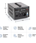 Beefy Step Up And Down Voltage Converter For Home And Travel Handles Up To 3000 Watts Across Several Devices Converts 110 Or 120 Volts To 220 Or 240 Volts And Back Universal Output With European Power Adapter Included shown with dimensions