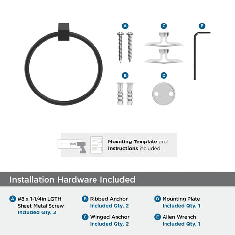 Installation hardware for Towel Ring In Monument Matte Black, Six And A Half Inch Bath Hardware Upgrade for Modern Bathrooms.