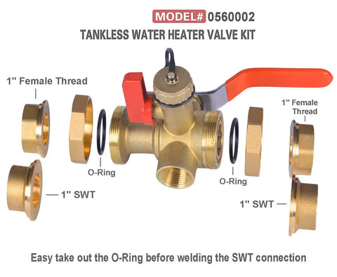 Tankless Water Heater Service Valve Kit with Pressure Relief Valve Included, Two SWT Connections, Lead Free Brass