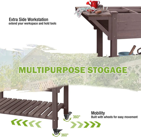 Close-up of an elevated raised garden bed with eight planter boxes, sturdy legs, rolling wheels, side workbench, and storage shelf.