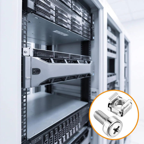 100 Pack Kickass Rack Mount Cage Nut Hardware Kit Featuring Tough M6 X 20mm Stainless Steel Screws And Washers for server rack security.