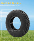 4.10/3.50-6 Outer Tire Replacement Fits 13x4.00-6 Go Kart ATV Quad Tire on grass with dimensions displayed