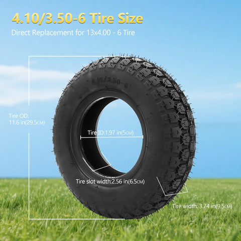 4.10/3.50-6 Outer Tire Replacement Fits 13x4.00-6 Go Kart ATV Quad Tire on grass with dimensions displayed