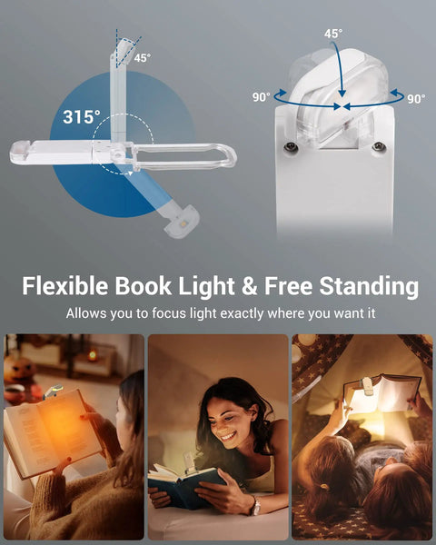 Flexible Clip On Rechargeable Book Light For Late Night Reading With Amber And Warm White Glow in different positions