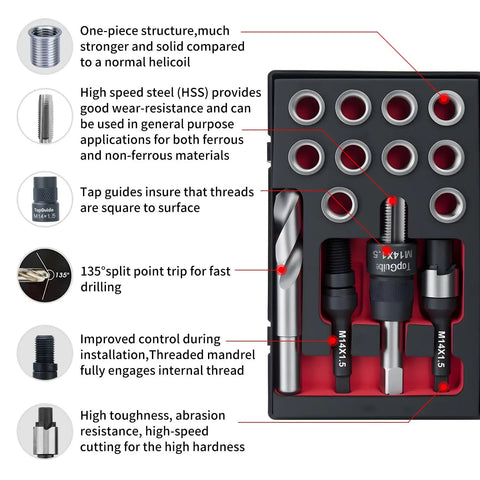 M14X1.5 Thread Repair Kit With Stainless Steel Inserts Ten Pieces Includes Drill Tap Counterbore Install Driver And Guides In An EVA Box