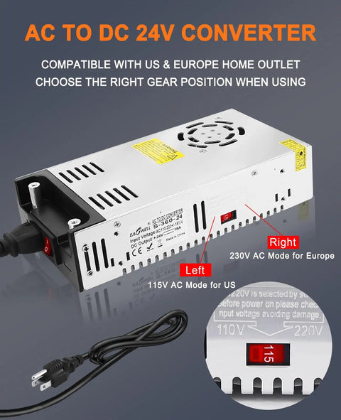 24V 360W DC Power Supply Universal 110V AC to DC 24V 15A Converter With Aluminum Alloy Shell showing input mode selector