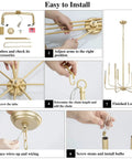 Easy installation steps for Gold Eight Arm Modern Chandelier With Two Height Options, A Statement Piece Candle Style Ceiling Light Fixture For Bedroom Foyer Dining Room Living Room Kitchen And Entryway.