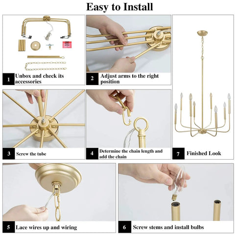 Easy installation steps for Gold Eight Arm Modern Chandelier With Two Height Options, A Statement Piece Candle Style Ceiling Light Fixture For Bedroom Foyer Dining Room Living Room Kitchen And Entryway.