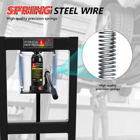 Front view of Beefy 6 Ton H Frame Hydraulic Shop Press with spring detail, displaying adjustable floor stand and 6-ton capacity.