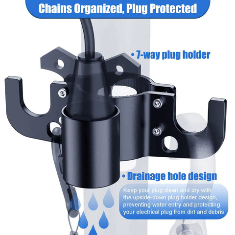 Close-up of Heavy Duty Aluminum Trailer Chain Organizer With 7 Way Plug Holder showing plug and drainage hole