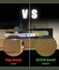 Comparison of wood planing results showing poor cut vs. smooth finish from Absolute Knockout 13 Inch Benchtop Planer