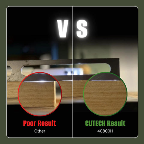 Comparison of wood planing results showing poor cut vs. smooth finish from Absolute Knockout 13 Inch Benchtop Planer