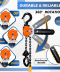 Chain Hoist Come Along One Quarter Ton With Ten Foot Lift 550 Lbs Capacity G80 Manganese Chain with long handle, hooks, and gear images