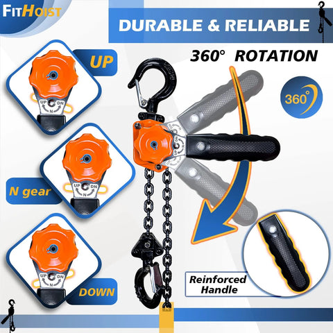 Chain Hoist Come Along One Quarter Ton With Ten Foot Lift 550 Lbs Capacity G80 Manganese Chain with long handle, hooks, and gear images