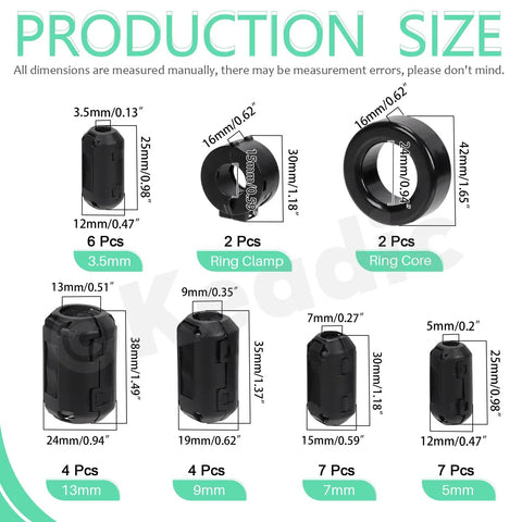 Image of Clip-On Ferrite Ring Core EMI RFI Noise Suppressor Kit showing various sizes of clamps and cores for different cable diameters.