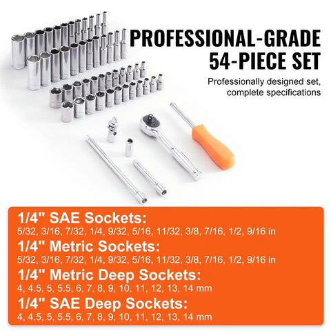 One Quarter Inch Drive Socket And Ratchet Set, 54-Piece SAE And Metric 6-Point Deep And Standard Sockets With Accessories