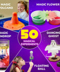 Magic Science Kit For Kids Ages 4 To 8 With 50 Plus Experiments showing floating ball, magic volcano, and dancing ghost
