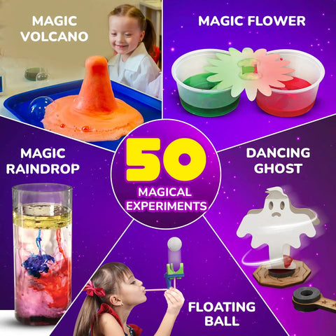 Magic Science Kit For Kids Ages 4 To 8 With 50 Plus Experiments showing floating ball, magic volcano, and dancing ghost