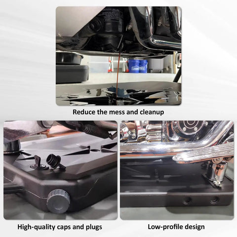 10 Quart ABS Oil Drain Pan With Spout Low Profile Catch Basin For Harley Davidson Touring And Softail Models in use under motorcycle