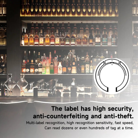 100 Pcs UHF RFID Sticker Tags 860 960 MHz Long Range RFID Labels For Warehouse Management And Asset Tracking, shown in a bar setting