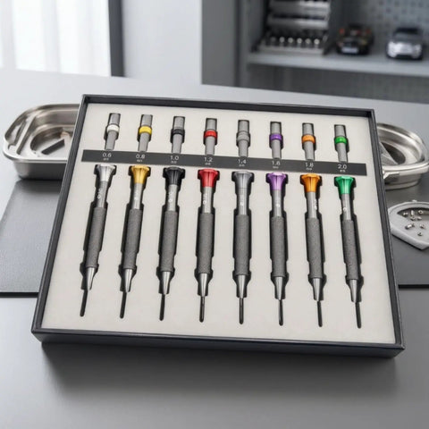 Ultimate 8 Piece Watch Repair Screwdriver Set With Hex Head Metal Shafts And Lightweight Aluminum Body, assorted sizes 0.6 to 2.0mm.