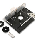 Heavy Duty Aluminum Router Table Insert Plate With Tough Badass Glide Coating And Zero Sweat Laser Scaled Markings, showing measuring edges and accessories.